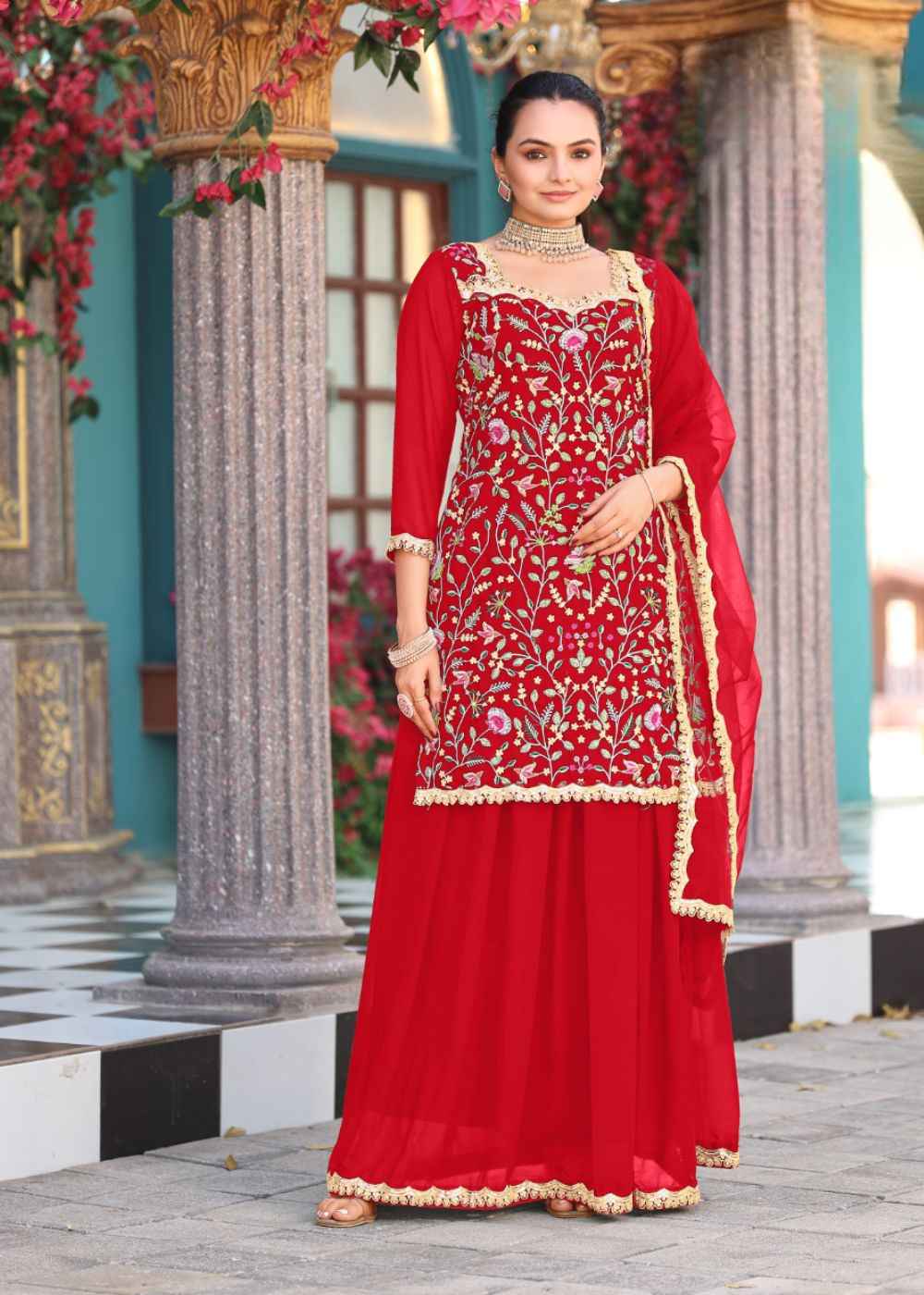 Crimson Regal Allure Embroidered Georgette Ensemble