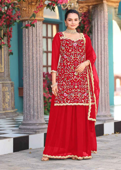Crimson Regal Allure Embroidered Georgette Ensemble