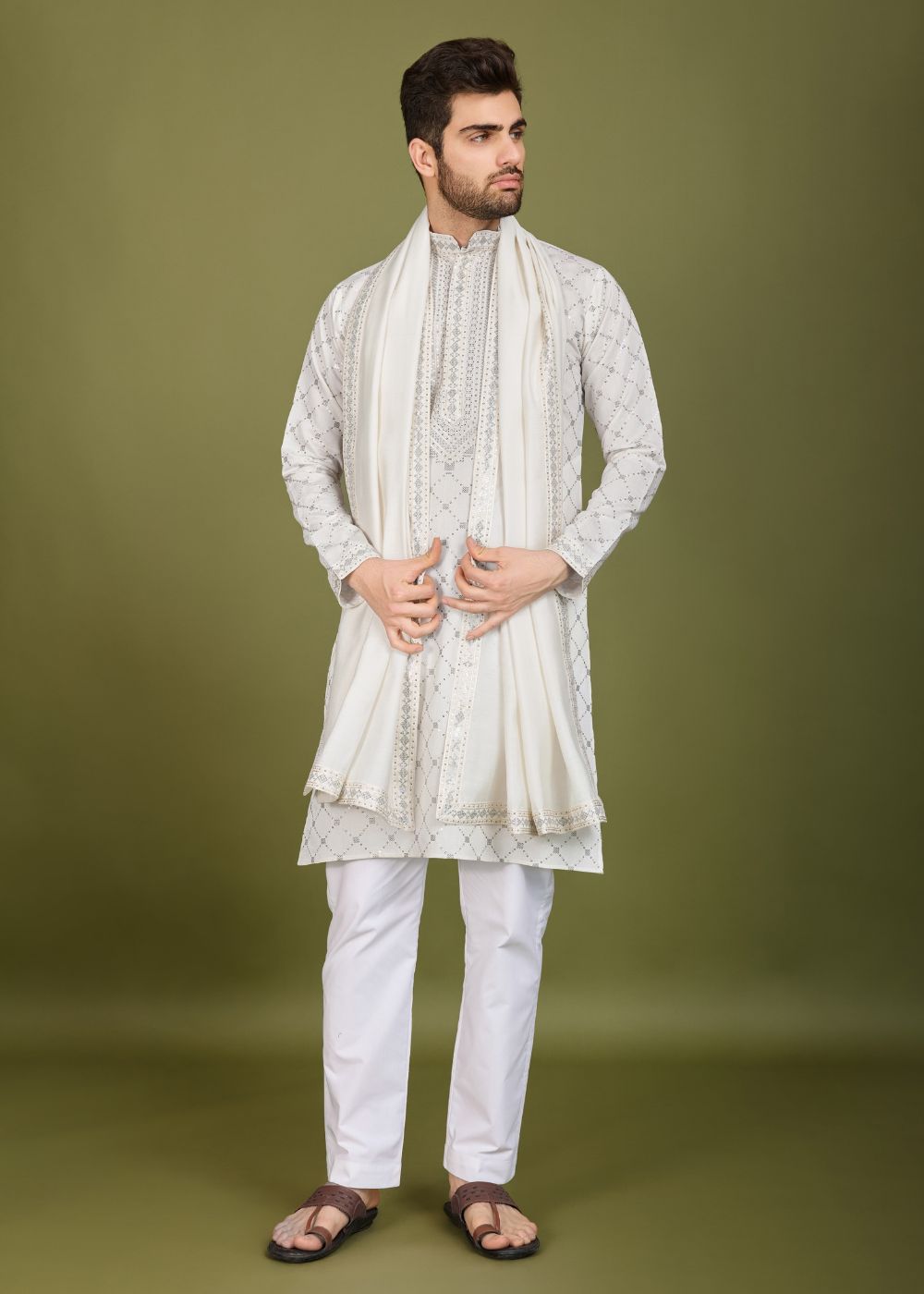 Royal White Viscose Embroidered Kurta with Dupatta