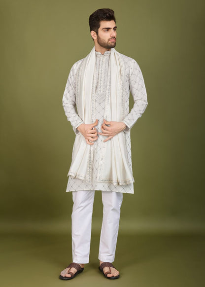 Royal White Viscose Embroidered Kurta with Dupatta