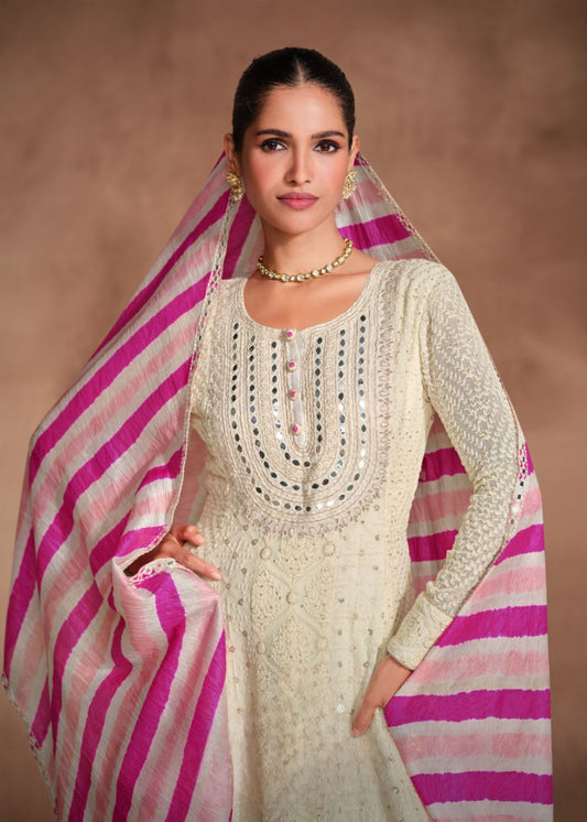 Ivory Georgette Chikankari Suit with Mirror Yoke & Magenta Striped Dupatta