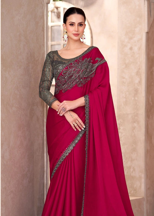 Hot Pink Satin Chiffon Saree with Heavy Lace Work
