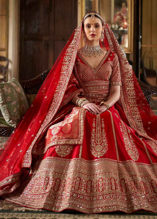 Ruby Charm – Bold Red Bridal Lehenga Set with Double Dupatta