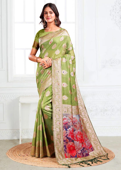 Olive Green Linen Cotton Saree with Traditional Paisley Design & Floral Artwork Pallu