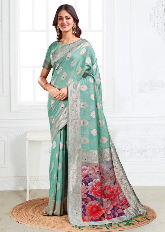 Sea Green Linen Cotton Saree with Silver Paisley Weaves & Vibrant Floral Pallu