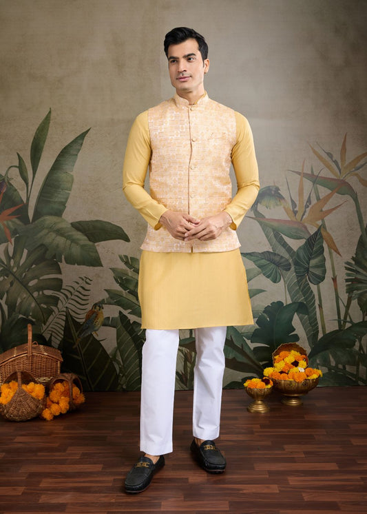 Saffron Majesty – Yellow Viscose Silk Kurta with Embroidered Jacquard Koti