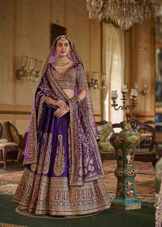 Midnight Majesty – Royal Purple Bridal Lehenga Set with Double Dupatta