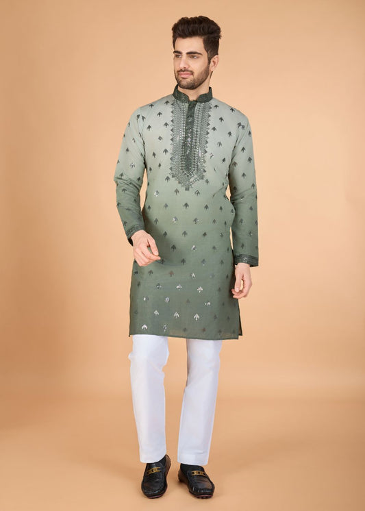 Omber Green Regal Kurta – Majestic Thread Embroidered Style