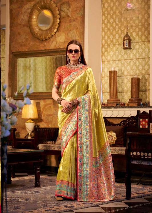 Golden Yellow Tissue Silk Saree with Designer Contrast Border & Pallu