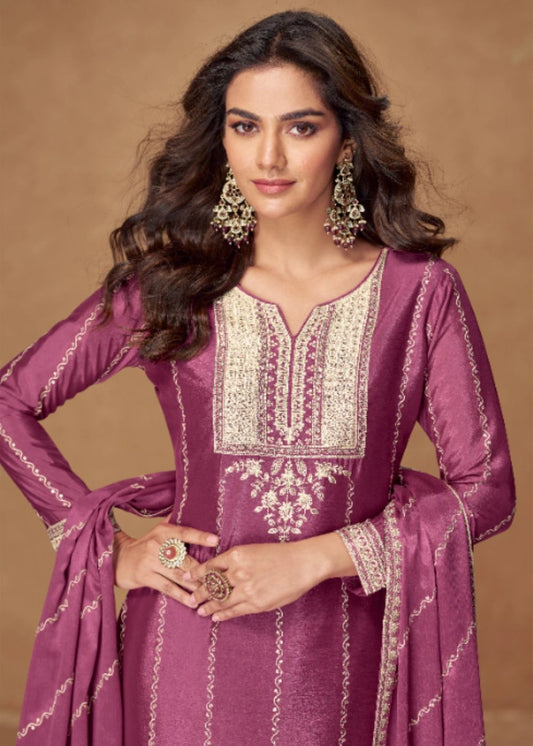 Majestic Plum Purple Premium Chinnon Silk Suit with Intricate Zari Embroidery & Embellished Dupatta