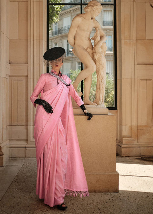 Blush Pink Satin Silk Saree with Self-Weaving