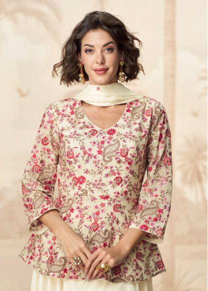 Ivory Bloom Royale – Premium Cream Floral Embroidered Kurti with Flared Skirt Ensemble