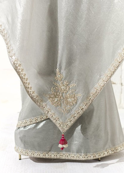 Rajsundari – Silver Grey Organza Tissue Saree with Butta & Designer Border