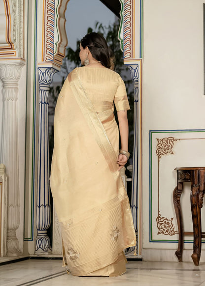 Golden Aura Celebration Saree in Tissue Linen with Intricate Hand Embroidery
