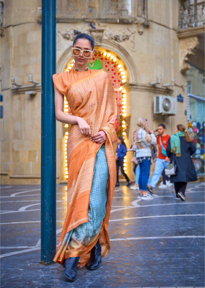 Warm Saffron Orange with Aqua & Ochre Mix Poly Viscose Handloom Weaving with Digital Print