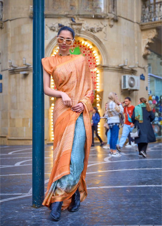 Warm Saffron Orange with Aqua & Ochre Mix Poly Viscose Handloom Weaving with Digital Print