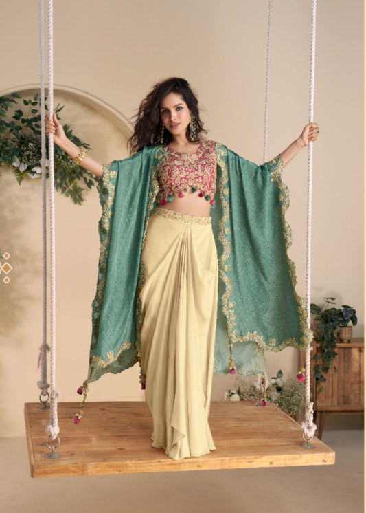 Pastel Yellow Draped Palazzo Set with Emerald Green Embroidered Shrug