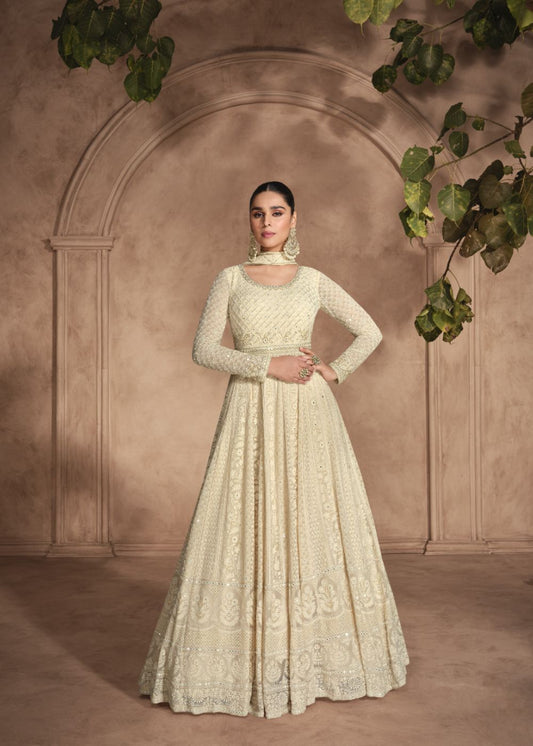Ivory Gold Heavy Chikankari Georgette Anarkali Suit with Tone-on-Tone Embroidery