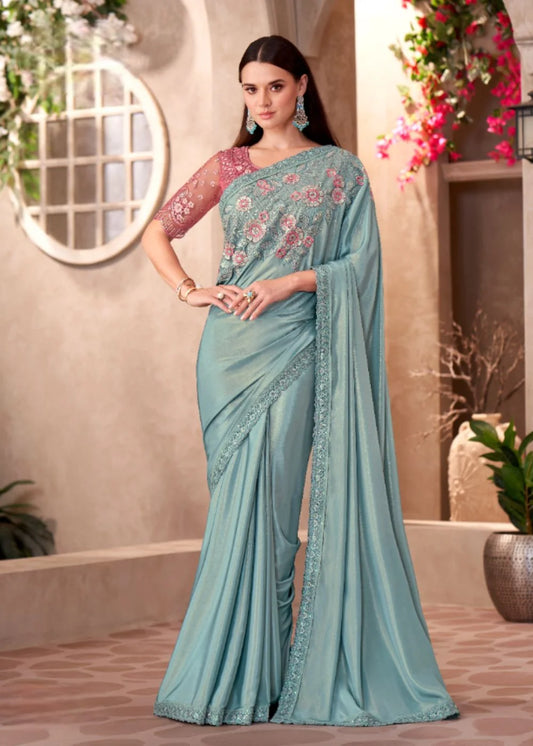 Sky Blue Satin Silk Crape & Linen Saree with Embroidered Border