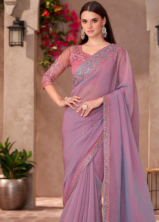 Lilac Satin Chiffon Saree with Subtle Embroidered Lace