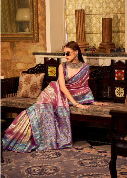 Lavender Pink Tissue Silk Saree with Designer Contrast Border & Pallu