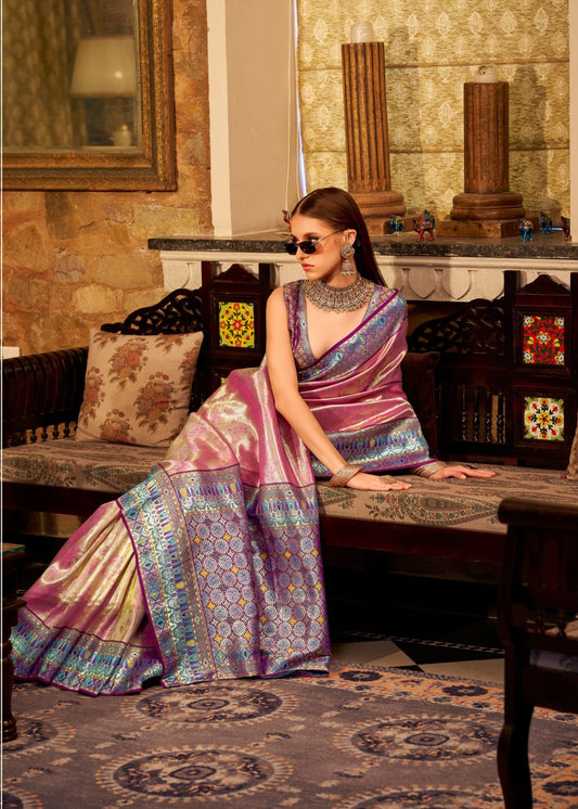 Lavender Pink Tissue Silk Saree with Designer Contrast Border & Pallu