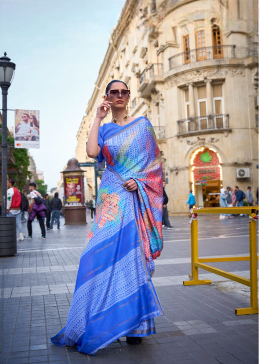 Bright Sapphire Blue with Multicolor Floral Accents Printed Poly Viscose with Handloom Texture
