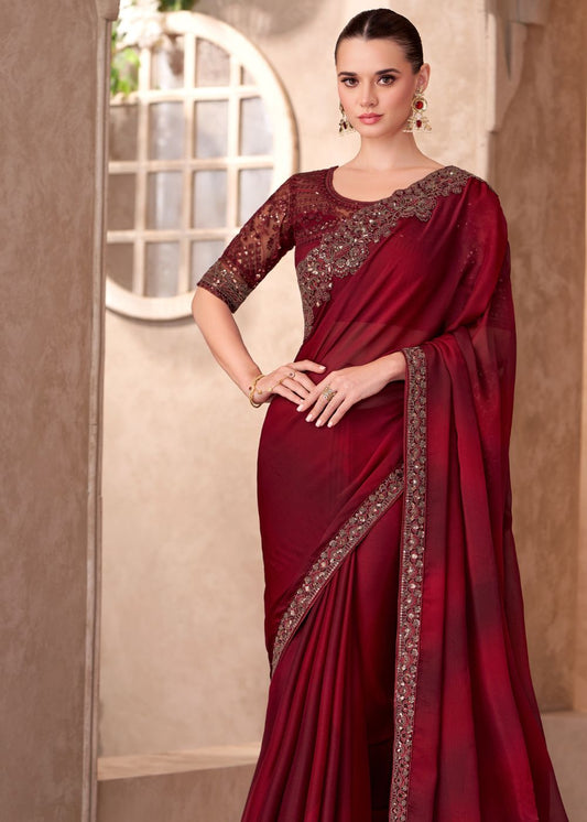 Deep Maroon Satin Chiffon Saree with Intricate Embroidered Lace Border