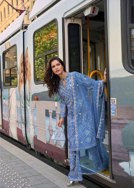 Sapphire Blue Simar Silk Suit with Heavy Mirror & Thread Work