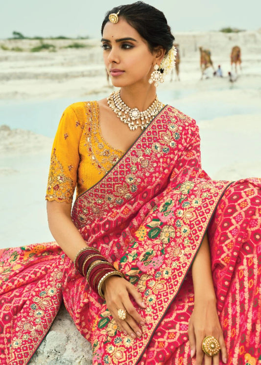 Red Pure Georgette Bandhej Saree with Moti & Cut-Dana Heavy Hand Work Border