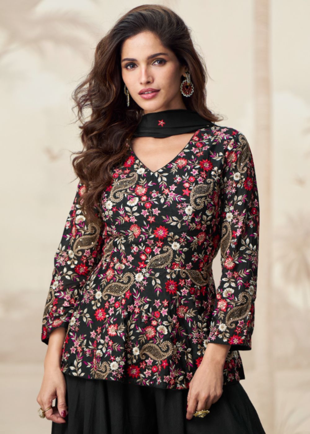 Noir Blossom Grace - Majestic Black Embroidered Kurti with Matching Flared Skirt Set