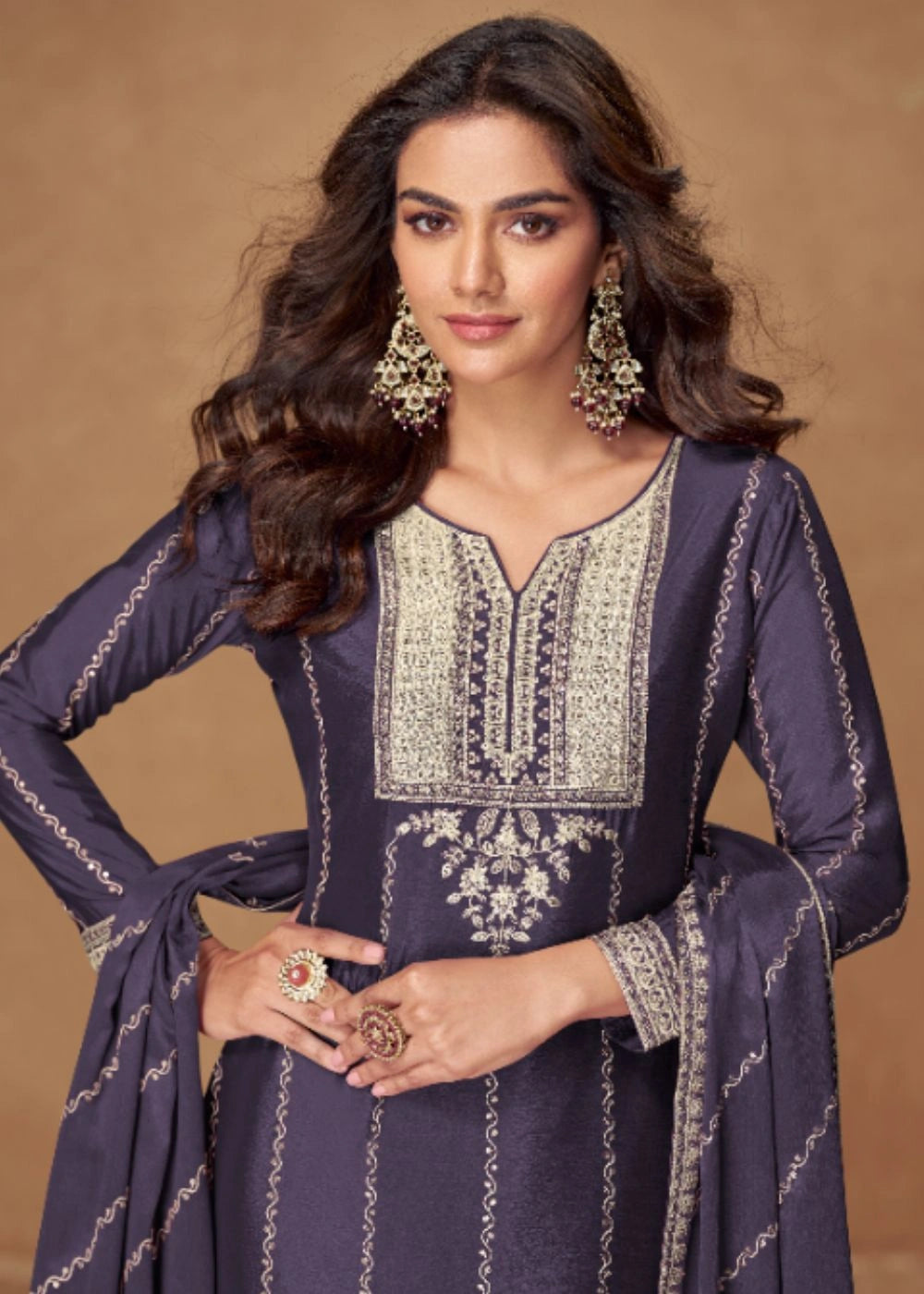 Midnight Sapphire Blue Premium Chinnon Silk Suit Adorned with Delicate Golden Thread Work & Elegant Dupatta