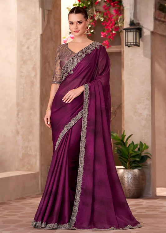 Plum Purple Satin Chiffon Saree with Shimmer Embroidered Lace