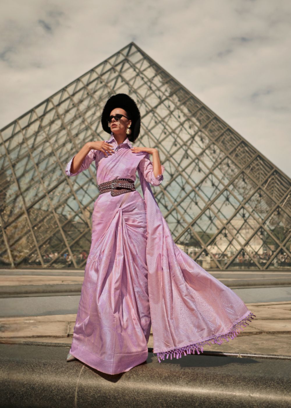 Lavender Lilac Satin Silk Saree with Self-Weaving