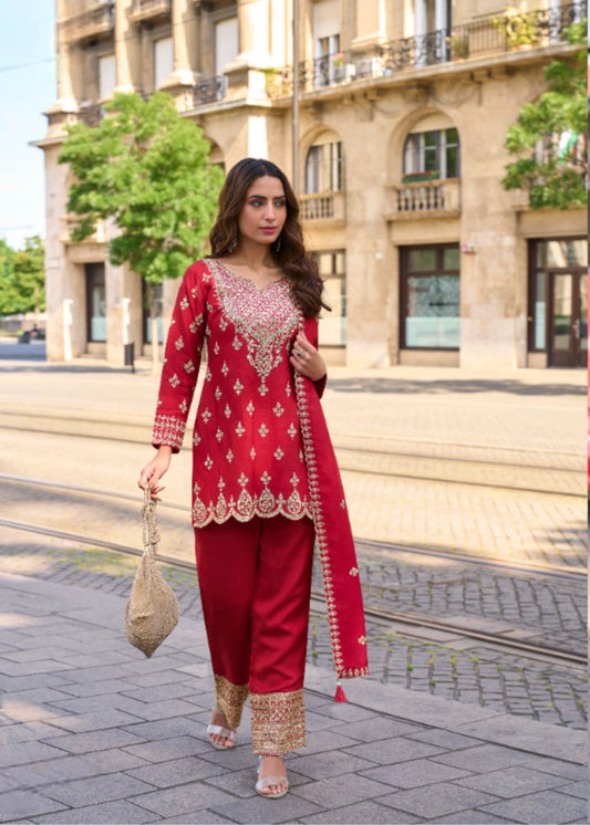 Crimson Red Simar Silk Suit with Mirror & Zari Embroidery