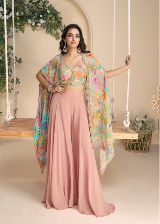 Dusty Pink Wide-Leg Palazzo Set with Multicolor Pastel Shrug