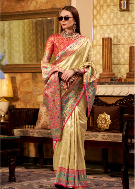 Champagne Gold Tissue Silk Saree with Designer Contrast Border & Pallu