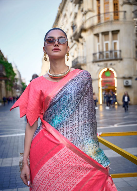 Deep Rose Red with Multicolor Tints Printed Poly Viscose with Handloom Texture