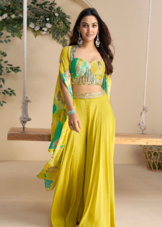 Lime Yellow Palazzo Set with Aqua Green Floral Shrug