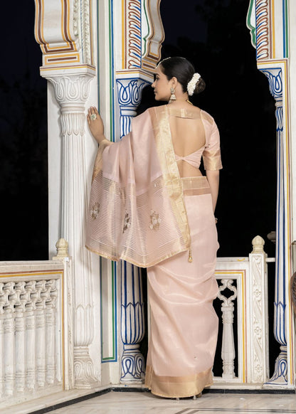 Blush Radiance Tissue Linen Saree with Moti & Cutdana Khatli Work and Elegant Tassels