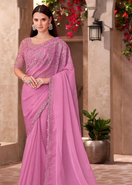 Baby Pink Satin Chiffon Saree with Designer Lace Border