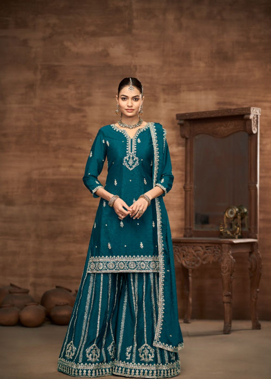 Teal Grace-Designer Chinon Silk Suit Set