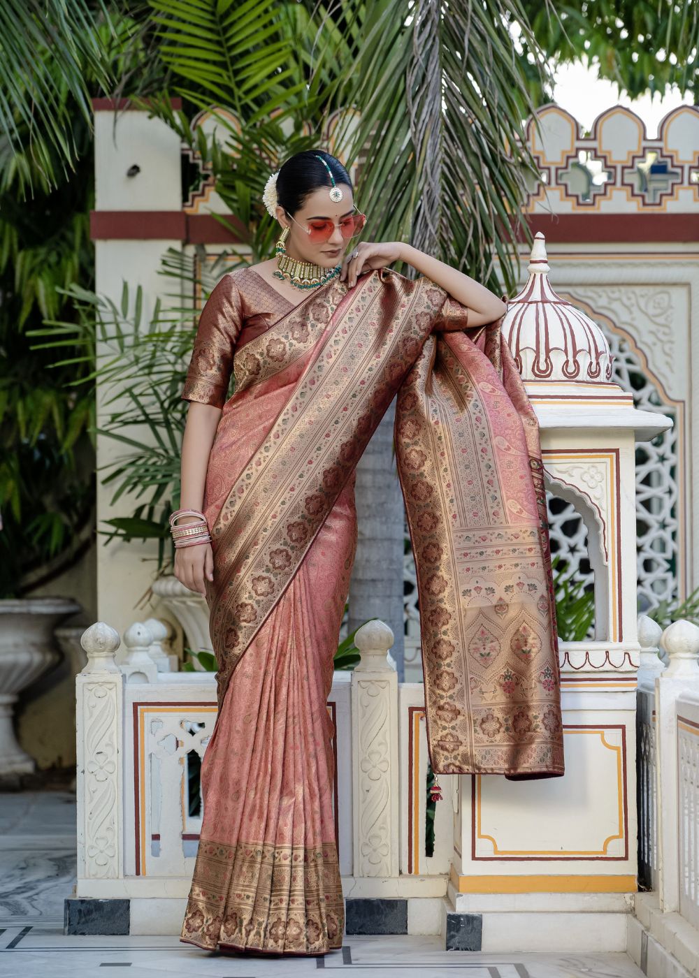Rose Copper Grace-Soft Zari & Meenakari Woven (Jaal & Kairi Pattern) all over Saree, Patta & Pallu