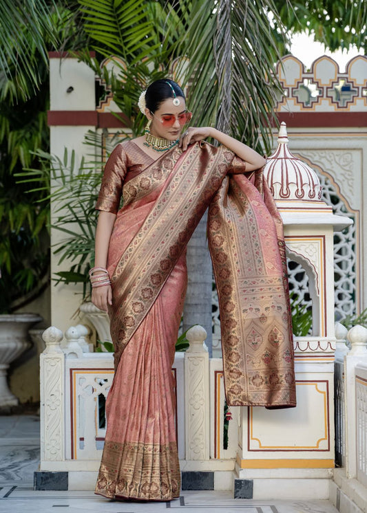 Rose Copper Grace-Soft Zari & Meenakari Woven (Jaal & Kairi Pattern) all over Saree, Patta & Pallu