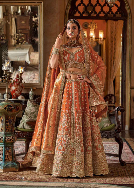 Coral Sunset Charm Double Dupatta Bridal Lehenga