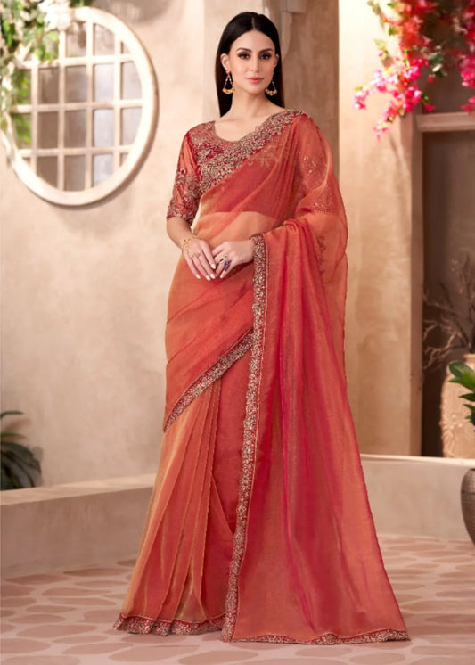 Rust Orange Tissue Saree with Rich Lace Work