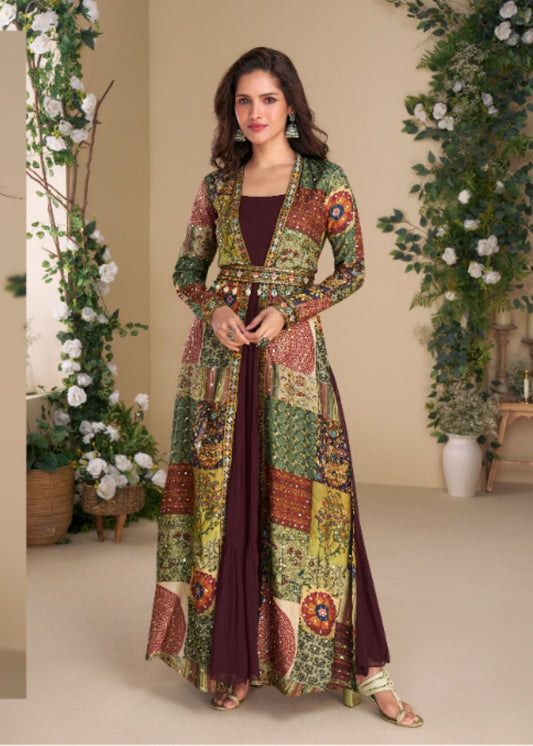 Wine Mosaic Silk Embellished Shrug Set