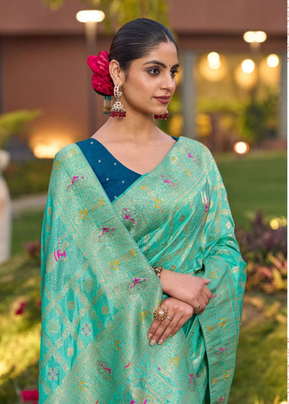 Emerald Aqua Dola Silk Saree with Meenakari Peacock Motifs & Swarovski Sparkle