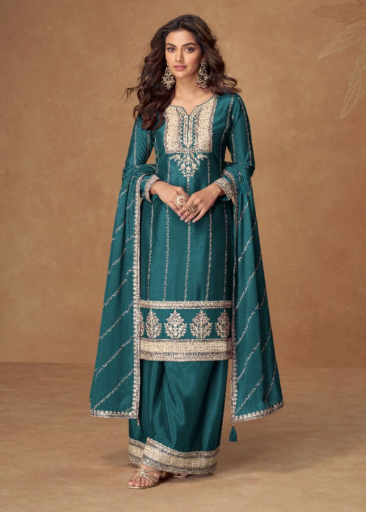 Emerald Green Regal Premium Chinnon Silk Suit with Traditional Embroidery & Designer Dupatta –