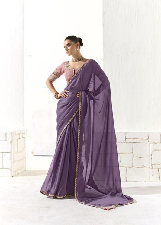 Rajkanika – Royal Purple Organza Tissue Saree with Butta Work